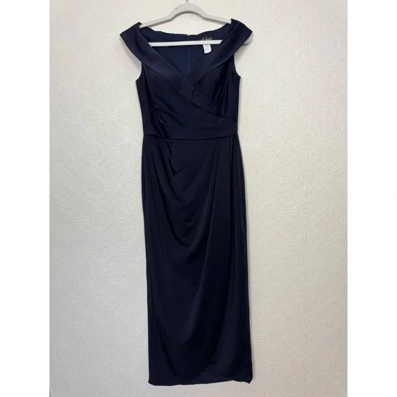 La Femme 25206 Surplice Off The Shoulder Navy Blue Evening Dress Maxi Gown Event
